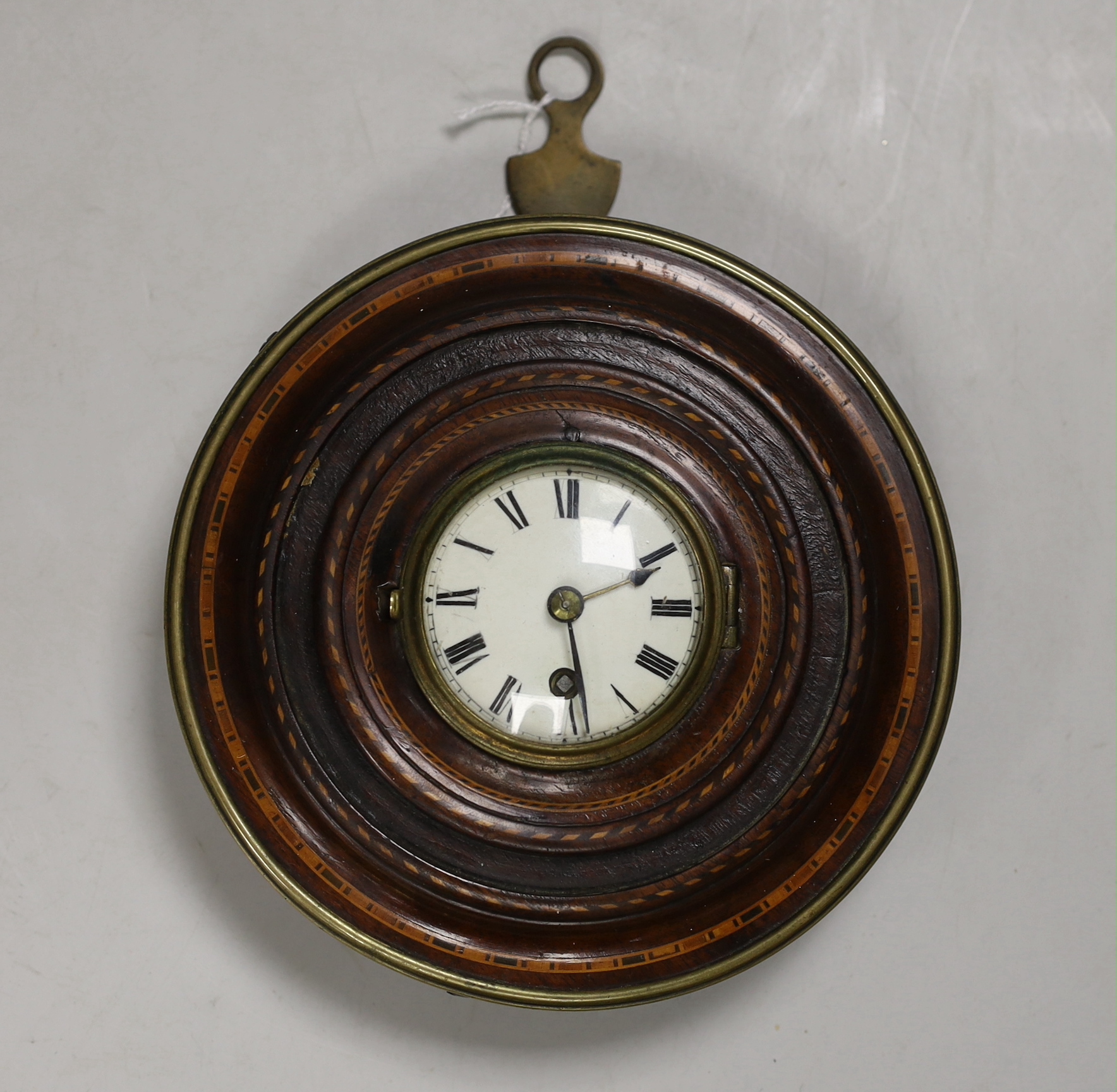 A late George III chequer inlaid mahogany Sedan timepiece, 16cm diameter, later French movement